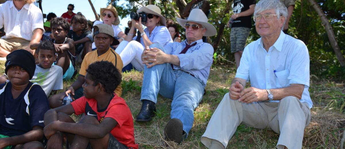 TRAVELLING: Federal MP Bob Katter and philanthropist Dick Smith in the remote Indigenous community of Mornington Island. Photo: Chris Burns. 