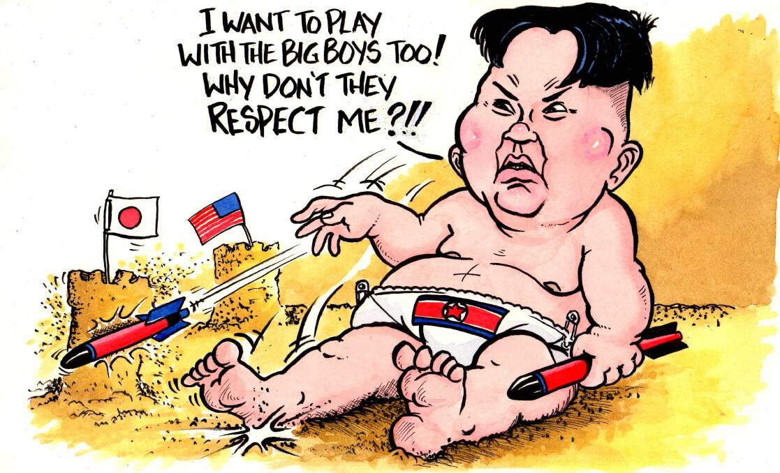 ROCKET MAN: Cartoonist Bret Currie's portrayal of North Korean leader Kim Jong Un following the UN condemned missile strike.  