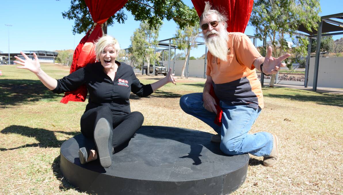 TAADAAH: Mount Isa Entertainment and Tourism Venues' entertainment manager Bec Dent and Mount Isa Mens' Shed manager Richard Lane test out the newly constructed stage. Photo: Chris Burns. 