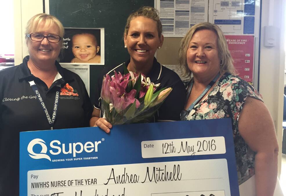 CONTINUALLY RECOGNISED:  Materity unit manager Kerry Owens, midwife Andrea Mitchell and director of nursing Lissa McLoughlin last year when Ms Mitchell was awarded the region's nurse of the year. Ms Mitchell is a finalist in the HESTA awards. Photo: Contributed.