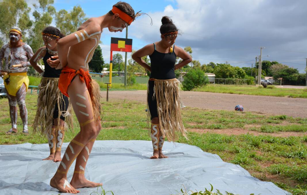 Kaydon Radecker, 16, and other members of the Sundancers dance troupe perform at Yallambee reserve. Photo: Chris Burns. 