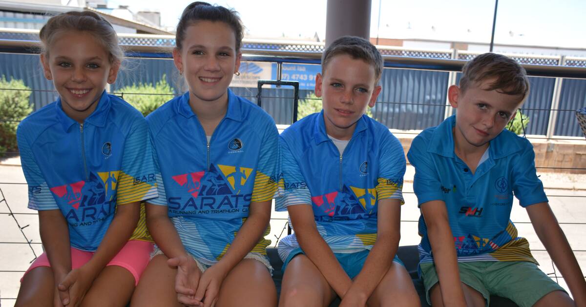 JUNIOR TRIATHLETES: Young IsaRATS members include Josie, 10, Holly, 13, and Darcy Green, 12, and Ethan Godwin, 10. Photo: Chris Burns. 