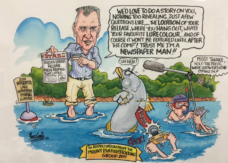 A Bret Currie cartoon of Peter Baldwin in the lead-up to the 2011 Lake Moondarra Fishing Classic. The cartoon hangs on the wall in The North West Star office. 