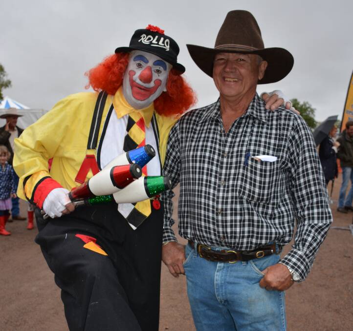UP TO MISCHIEF: Rollo the Clown and Allan Boon have more than a few laughs during the 2015 Cloncurry Show. Photo: Chris Burns. 