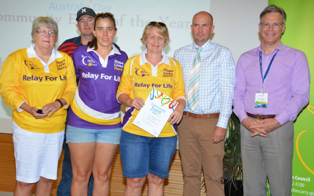 Relay for Life committee member Freda Pyke, deputy mayor Dane Swalling, committee members Erin Armstrong and Sherrie Atkinson, mayor Greg Campbell and Dr Tim Baker. 