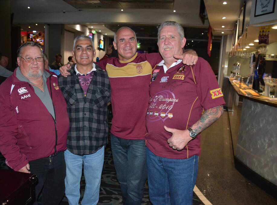 MAROONS SUPPORTERS: Stan Wilson, Peter Wilson, Dale Shearer and Dave Carroll watch the State of Origin game at the Buffs. Photo: Chris Burns. 