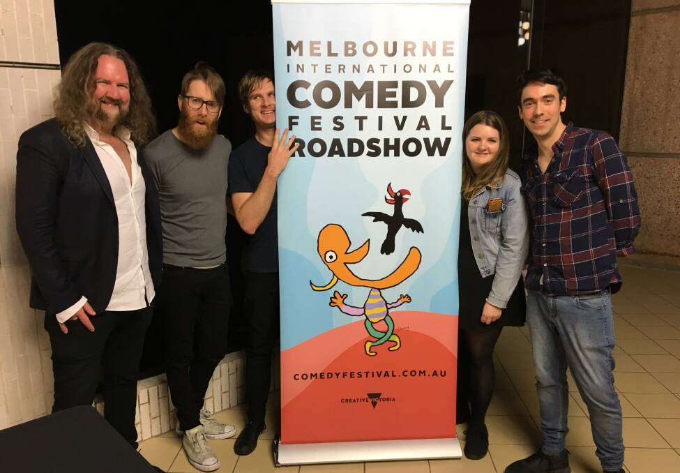 MINGLING: MC Dave Callan,Matt Stewart, Damien Power, Danielle Walker, and Adam Hess perform in Mount Isa as part of the Melbourne International Comedy Festival Roadshow. Photo: Chris Burns. 