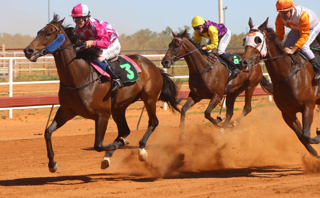 AHEAD OF THE DUST: All Fives wins the Boulia Cup ahead of The Gallows and Revel in the Chaos. All Fives is owned and trained by Denise Ballard. Photo: Sharon Crossland. 