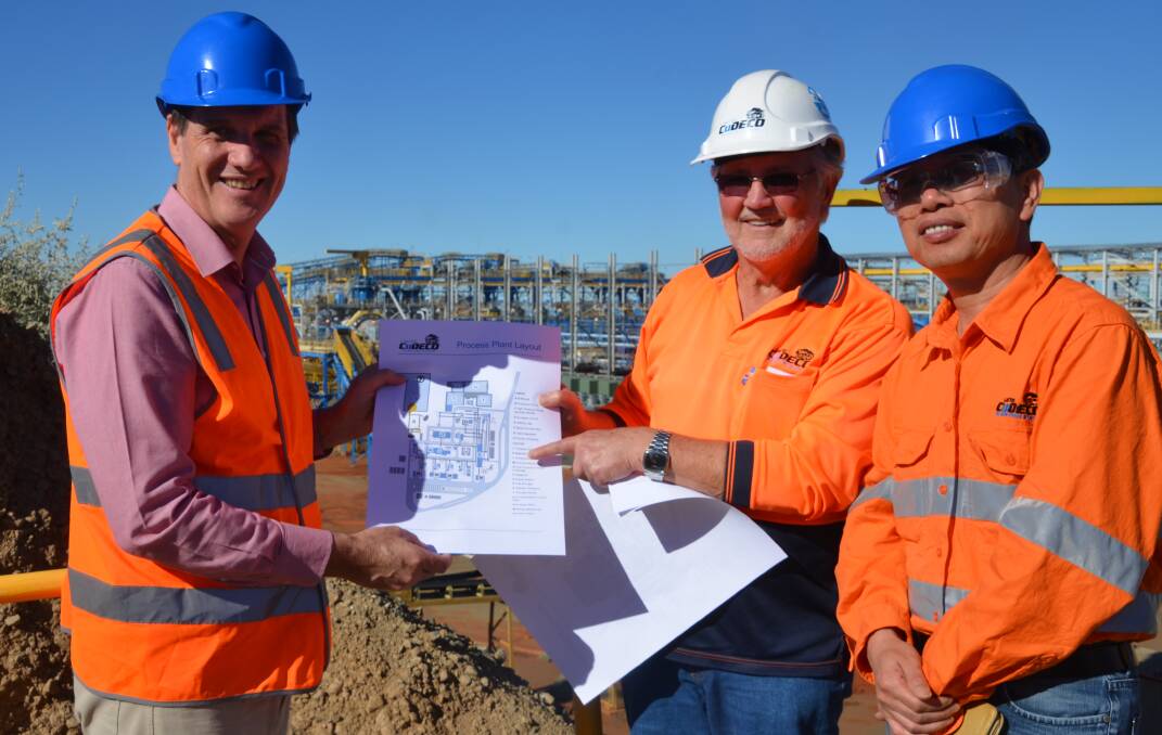 BIG PLANS: Minister for Mines Dr Anthony Lynham, Rocklands general manager Mark Roberts, and CuDeco's outgoing managing director Dr Dianmin Chen, who was new to the role when they toured the facility last June. Photo: Derek Barry. 