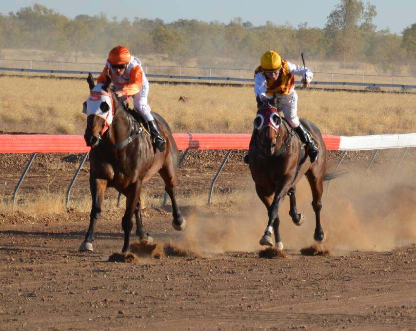 The ending of the 2015 Camooweal Cup. Iron Meteorite won that race but was challenged by Denise Ballard's Brunner. Iron Meteorite went on to win the Birdsville Cup the following weekend. 