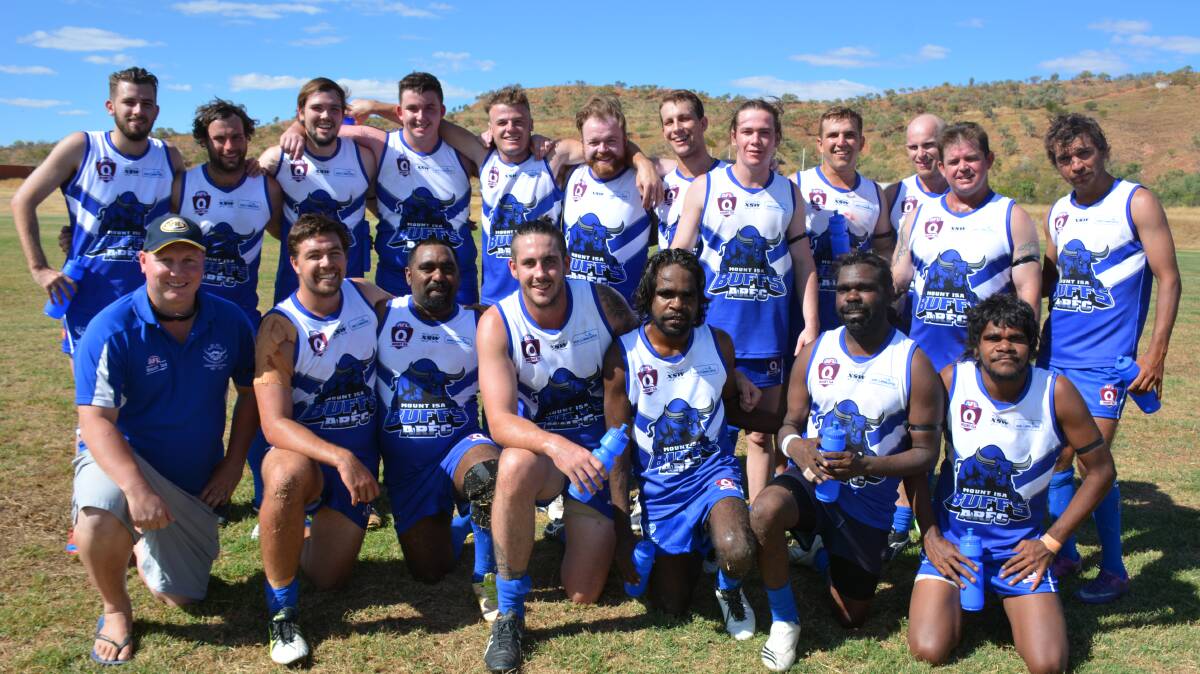 GREAT SEASON: A group photograph of the Buffs AFL team at the end of their first game of the season against Rovers. Their win caught the league by surprise. Photo: Chris Burns. 