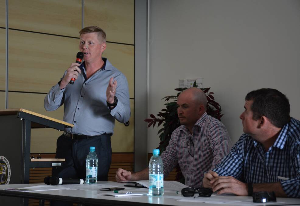 INTRODUCTION: Cloncurry's new chief executive Ben Milligan introduces himself to the community members attending the meeting, as mayor Greg Campbell and deputy mayor Dane Swalling listen. Photo: Chris Burns. 