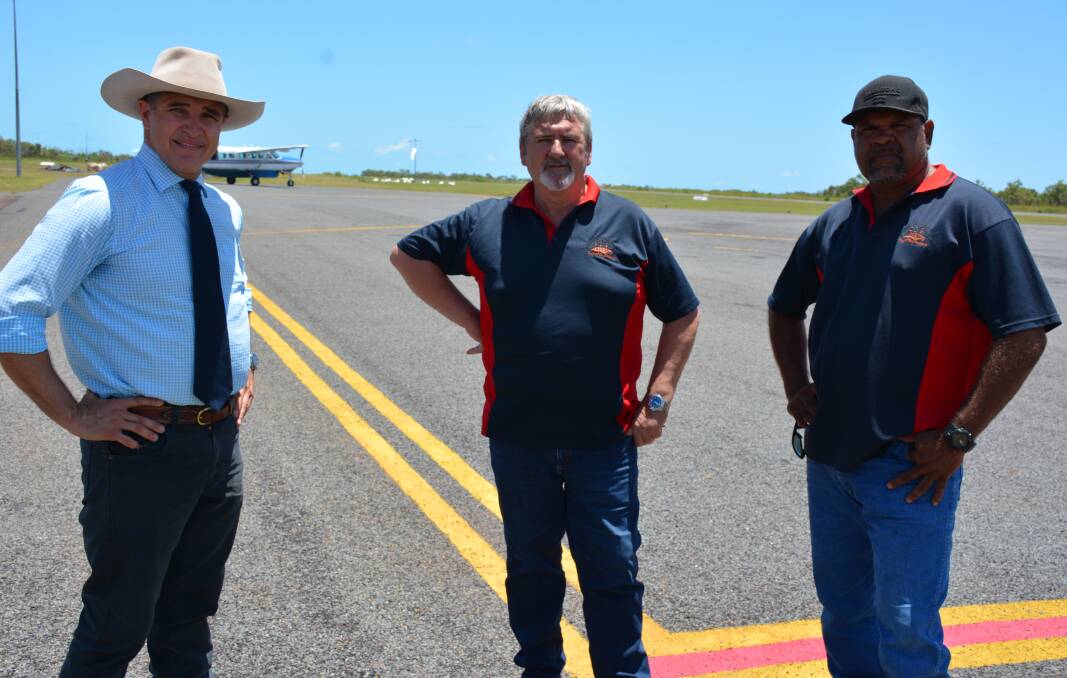 BUSINESS: State Member Rob Katter examines the damaged airstrip with  Mornington Shire Council's CEO Frank Mills and mayor Brad Wilson. 