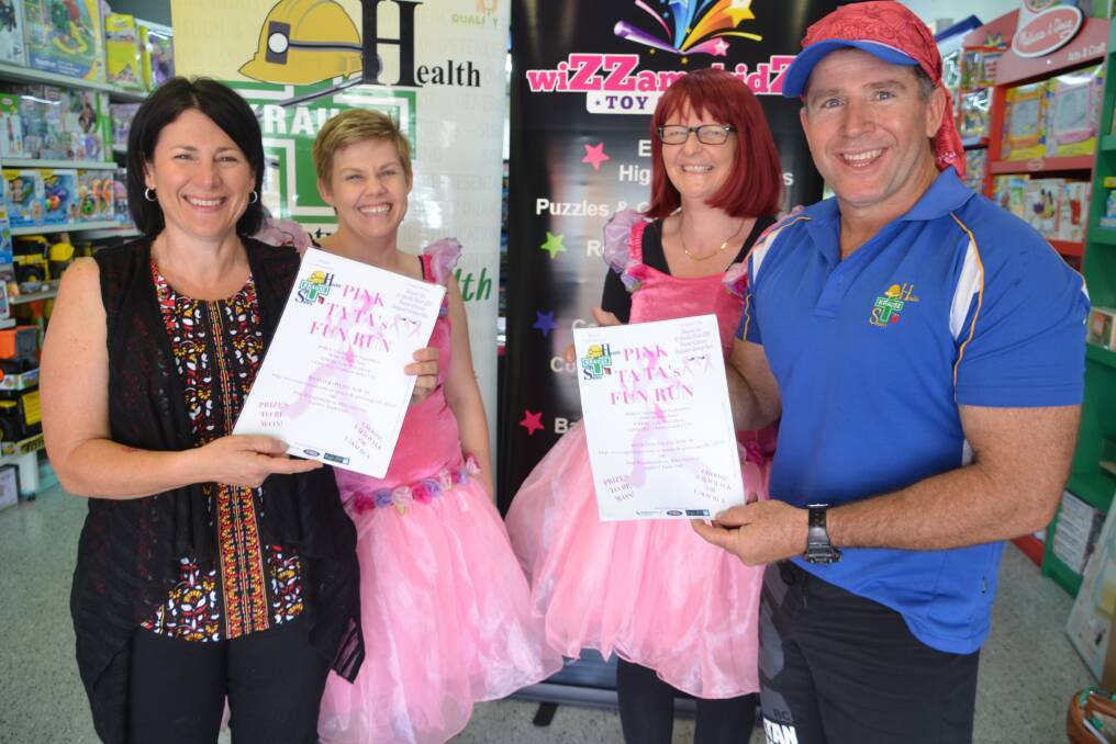 ORGANISING THE EVENT: Krause Health & Safety co-owner Debbie Roberts, WiZZamakidZ owner Cathy Bimrose, event organiser Juanita Godwin, and Krause Health & Safety co-owner Bill Krause. Cathy and Juanita wear tu tus to encourage participants to dress up for the fun run. Photo: Chris Burns. 