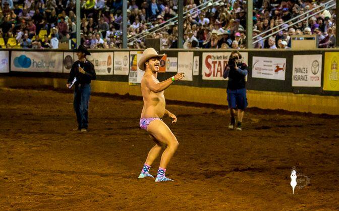  SURPRISE: The Budgie Smuggler Cowboy gets into the Buchanan Park Arena on Saturday night. Photo: Jemloco Images.