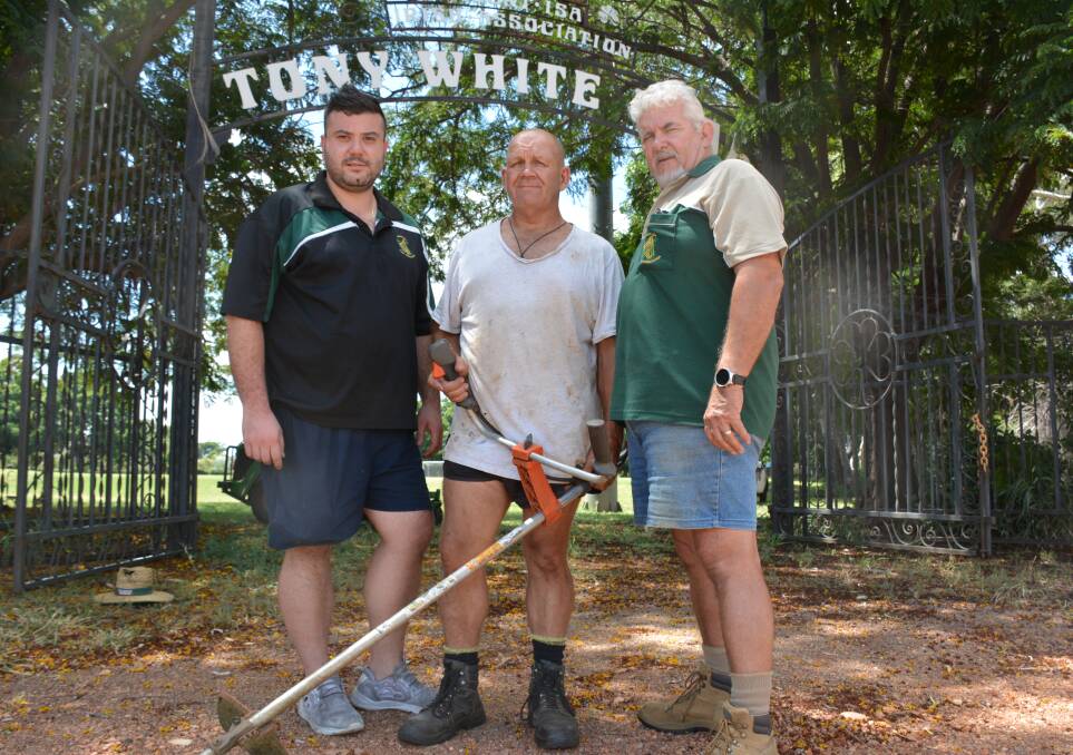 GROUNDS INSPECTION: The Irish Club's Akos Schneider, Lee Kingdom and Michael Horn inspect Tony White Oval in preparation for One Night Stand. Photo: Chris Burns. 