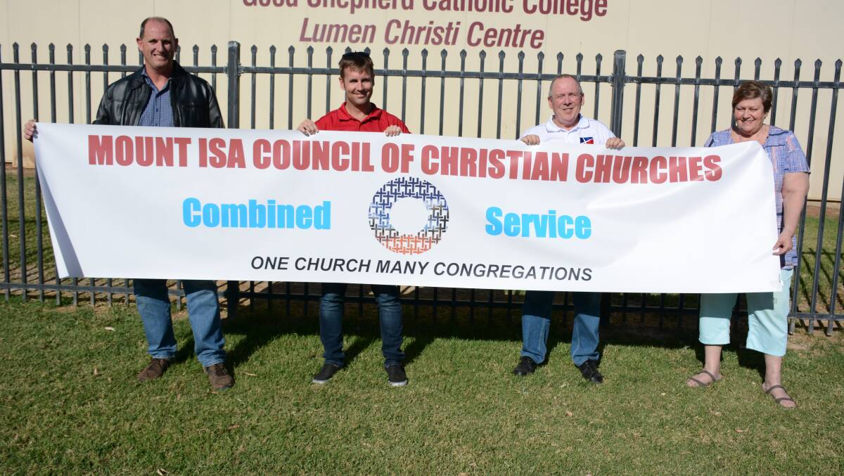 Isa Community Church's Pastor Dave Quilty, Salvation Army Lieutenant Brad Whittle, Mount Isa Baptist Pastor Steve Griffiths, and Victory Life Fellowship Pastor Mandy McKenzie.  