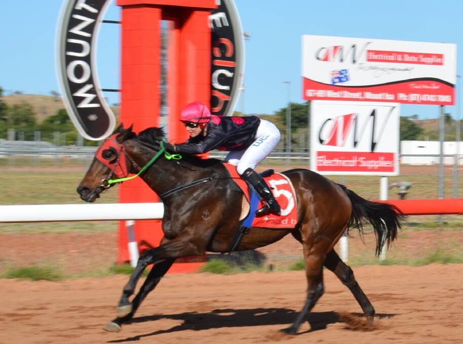 FINISHING STRONGLY: Flamingo Rose and Sunshine Coast jockey Louise Dillon come first in the 1200 metre Ratings Band 0-45 Handicap. Photo: Chris Burns. 