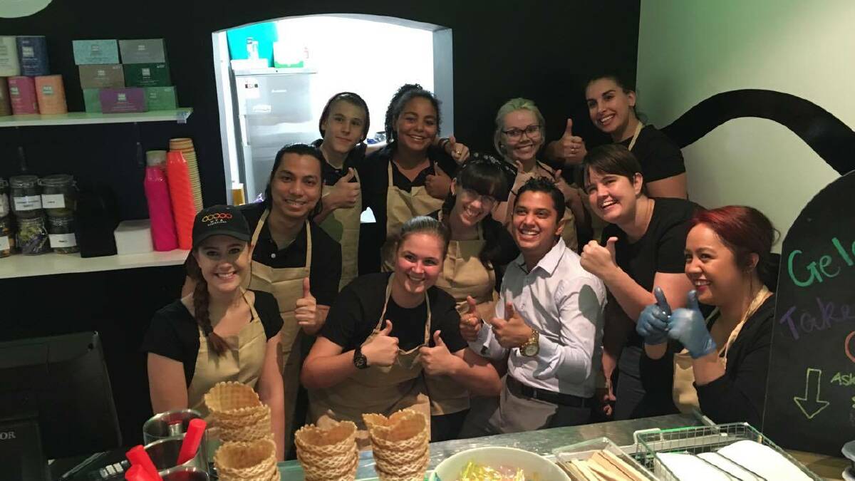 TEAM EFFORT: Brew & Scoop staff celebrate the opening of the business. Photo: Mel Tribolet. 