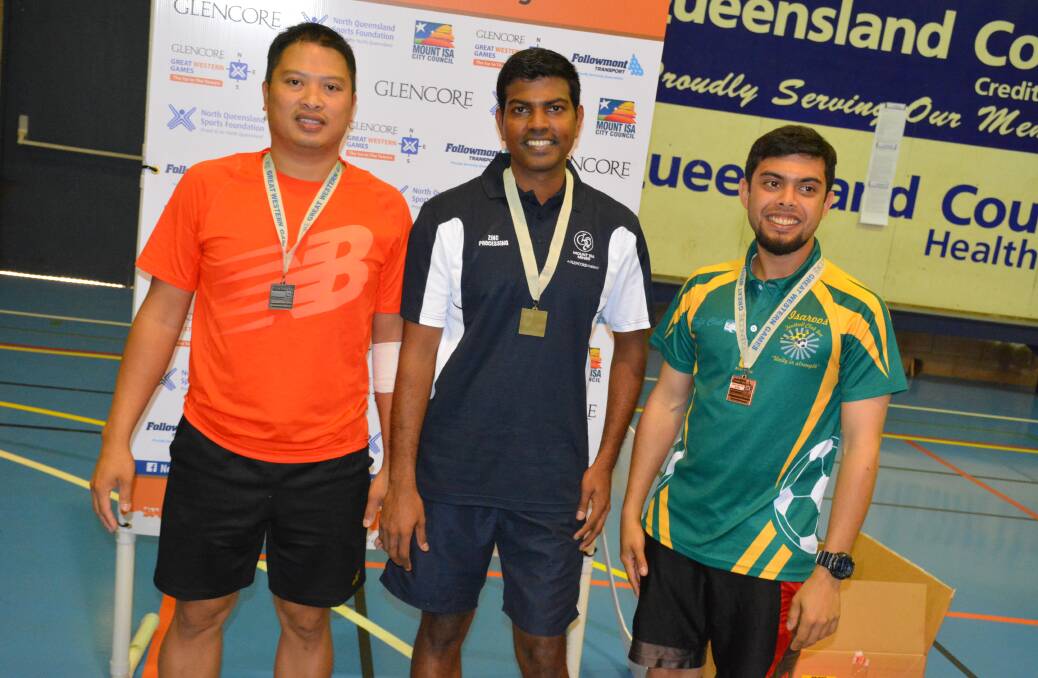 MEDAL BEARERS: A Grade Men's Single second placer Rowell Dimarucut, first placer Mani Selvaraju, and third placer Dev Vellanikaran. 