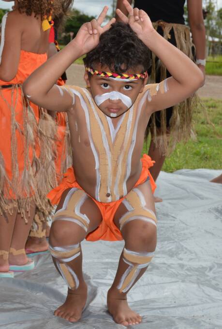 KANGAROO: Mathias Blackley, 6, a member of the Sundowners dance troupe which is preparing for its performance at Yallambee, strikes a pose. Photo: Chris Burns. 