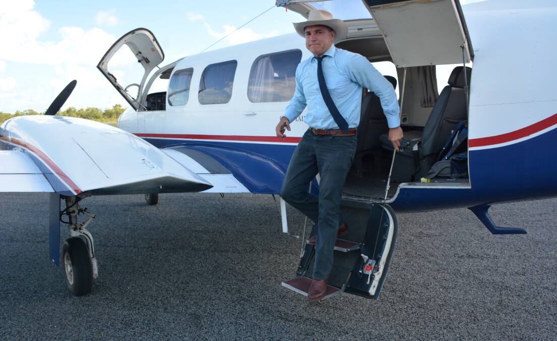 ISLAND ACCESS: Mount Isa State Member Rob Katter exits the charter plane on the Mornington Island airstrip during a visit to the remote section of his electorate. Photo: Chris Burns. 