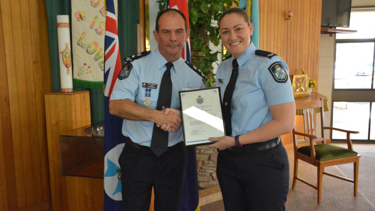 Superintendent Glen Pointing recognises the new appointment of Constable Jacqueline Richmond, who began on June 17, during the police district's awards ceremony. 