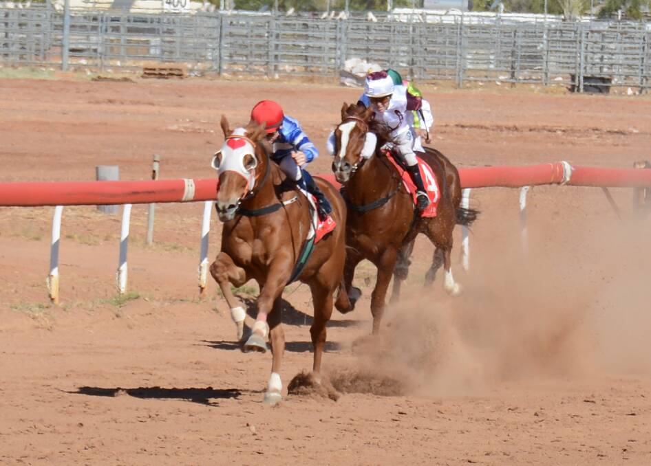 FINAL STRETCH: Dan Ballard rides Damgoodchoice to victory in the 1000 metre Class 3 Plate in Mount Isa on Saturday. Photo: Chris Burns. 