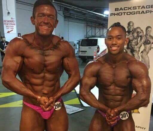 MAKING FRIENDS: Datu Ibardolaza (right) competes at the Arnold's Classic with a friend he made at the IFBB state heat in February. Photo: Contributed.