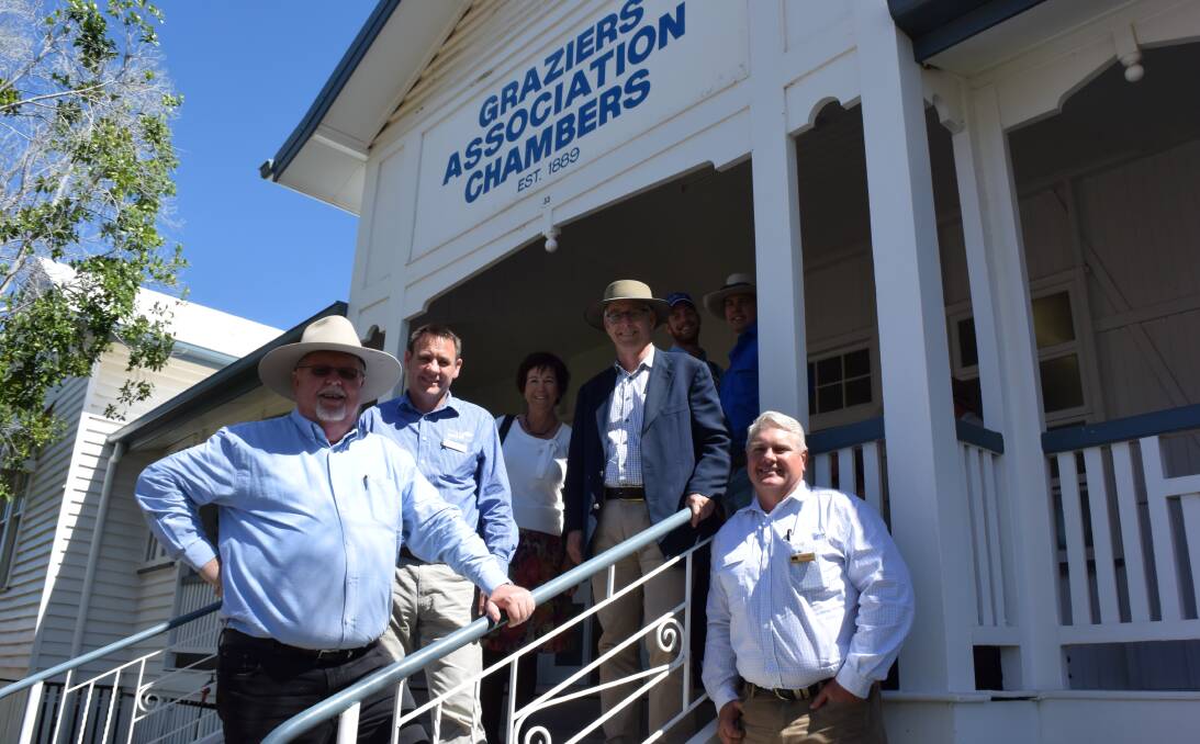Queensland LNP senator Barry O'Sullivan, MLA managing director Richard Norton, Australian Meat Processor Corporation chair Peter Noble and Cattle Council of Australia director David Hill with producers in Longreach.