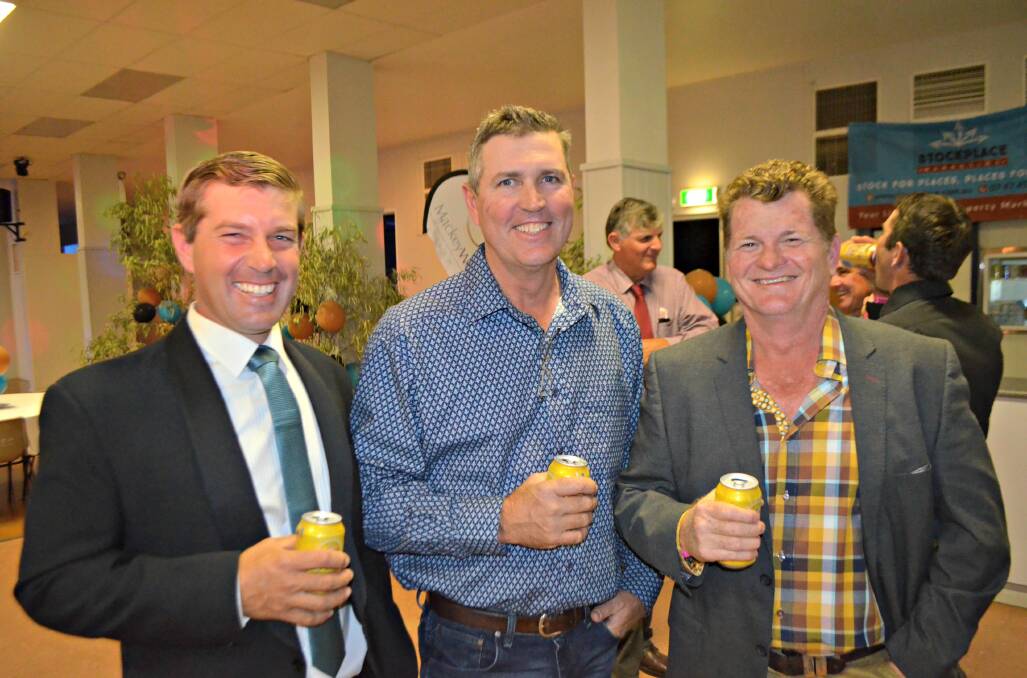 Stockplace Marketing's Luke Westaway with Hughenden's Bill Rogers and Simon Gough, Gough Plastics Townsville enjoying the Essence of the Bush cocktail party held on Friday night in conjunction with the Richmond Field Day and Races.