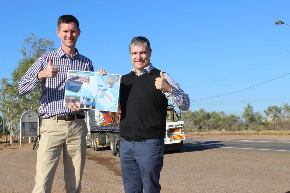 Seal of success: Queensland Minister for Main Roads, Road Safety and Ports Mark Bailey and Member for Mount Isa give the thumbs up to the State Government's near $20 million Budget commitment to sealing the Hann Highway from The Lynd to Hughenden.