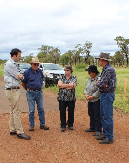 Journeys end: Hann Highway Action Group members Brendan and Jane McNamara and  Tony and Alison Murphy inspect the unsealed stretch with Senator Matt Canavan.