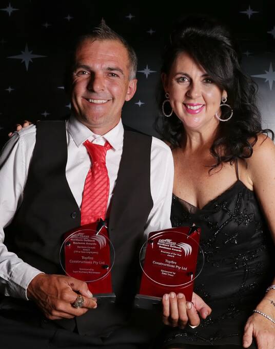 TOPFIRE: Business of the Year Award and Business Growth Award winner Wade Remington with Tania Kernaghan at the awards night. Photo: Kate Glover 