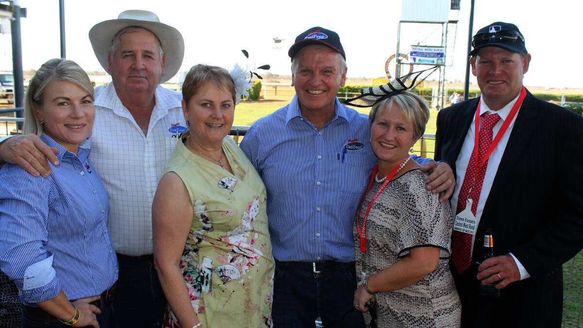 As well as donating stock feed, Pryde's EasiFeed principals Sharon and Peter Pryde (centre) attended the recent race meeting at Longreach, along with representatives Kristie Clark-Peoples from the Sunshine Coast, Rod Kidner from Townsville, and Saskia Eussen from Longreach, to show their support for drought relief efforts.
