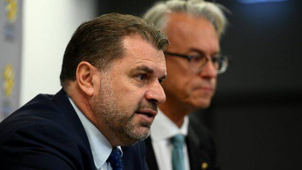 Ange Postecoglou and David Gallop address the media in Sydney on Wednesday. Photo: AAP