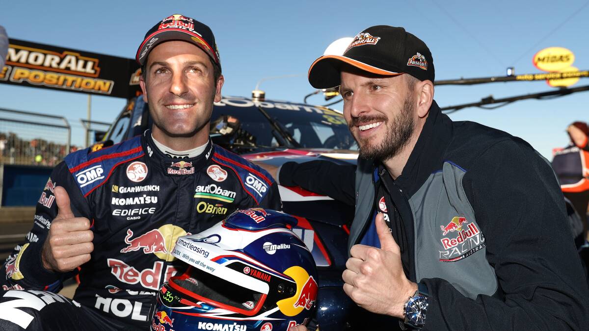 POLE POSITION: Jamie Whincup and his co-driver Paul Dumbrell were all smiles after the top 10 shootout. Photo: GETTY IMAGES
CLICK ON THE IMAGE TO READ THE FULL STORY. 