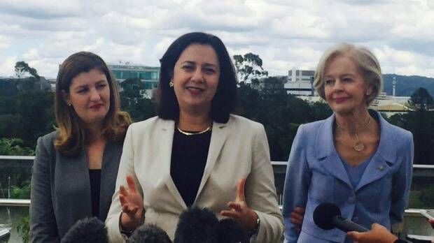 Queensland Minister for Women Shannon Fentiman, Premier Annastacia Palaszczuk and Dame Quentin Bryce announcing the fast-tracking of measures designed to tackle domestic violence. Photo: Kim Stephens.