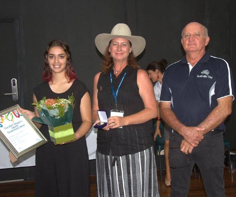 AWARDING AUSTRALIA: Mayors Award recipient Niani Thomas with Australia Day Ambassador Justine Christerson and Carpentaria Shire Mayor Jack Bawden. 