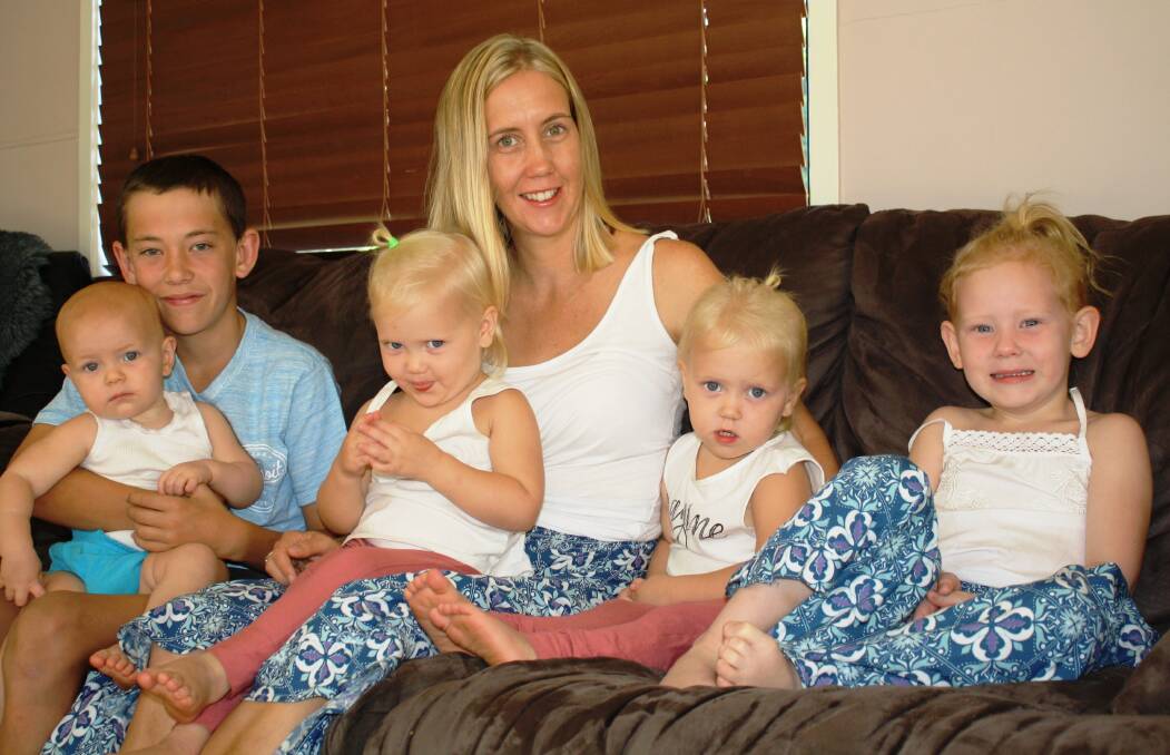 FULL PACK: Renee with her five kids, Marli (1), Dylan (13), Haidyn (2), Demi (2), Quinn (4). Photo: Esther MacIntyre
 
