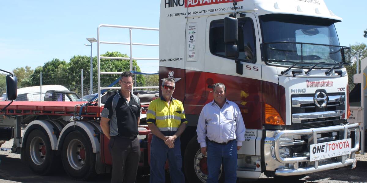 HINO TRUCKS: Hino Regional Sales Manager Karl Hancox, Mount Isa City Council's Troy Copelin, Honeycombes Sales & Service's Warrick Hill. Photo: Esther MacIntyre