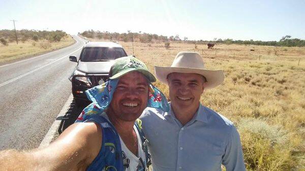 DESERT, DONE: Doug Black was joined by Robbie Katter on the last leg of his 1880km journey, from Cloncurry to Mount Isa yesterday afternoon. Photo: Esther MacIntyre