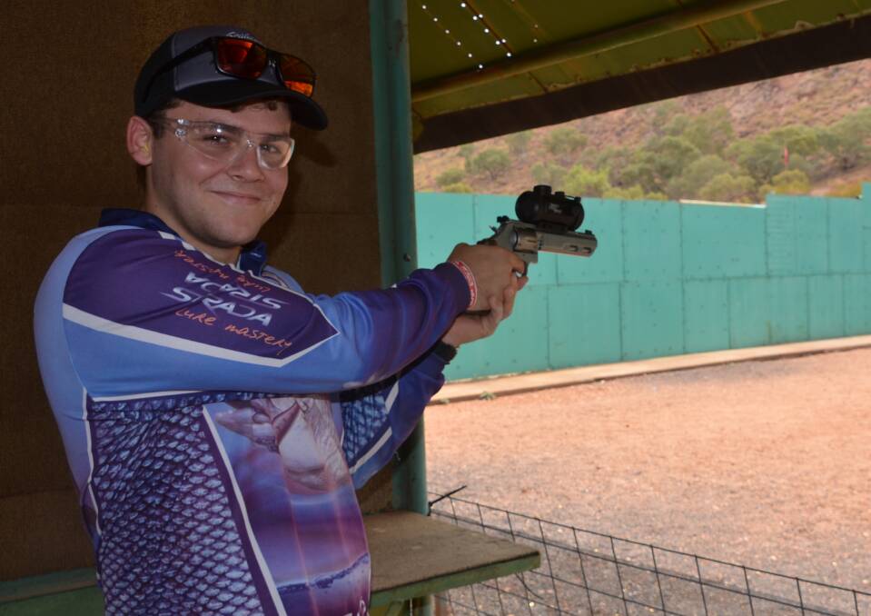 Paul Giardina is appropriately safety conscious around this 357 Magnum at the Owen Ahnfeldt memorial range. 
