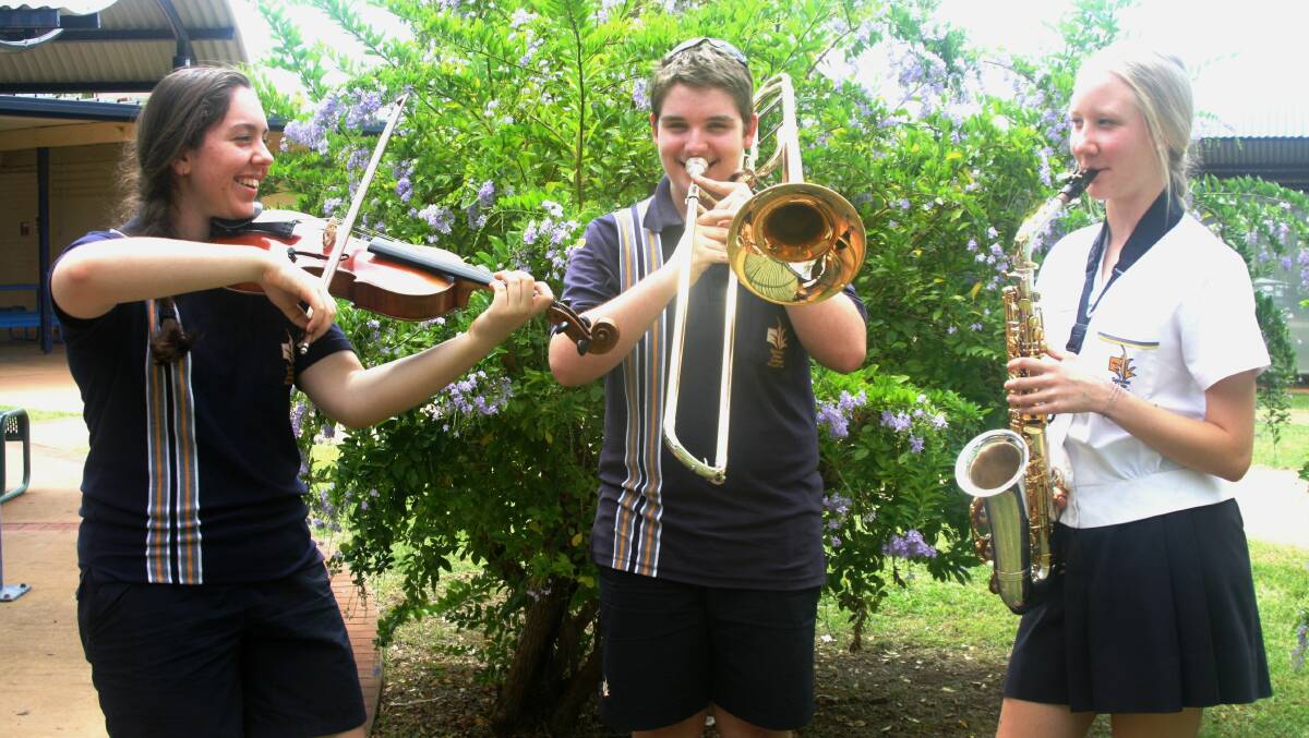 MUSO KIDS: Viola player Naomi Spitzner-Lewis (Year 10), trombonist Jack Muller (Year 10) and saxophonist Amy Cobden (Year 11). Photo: Esther MacIntyre