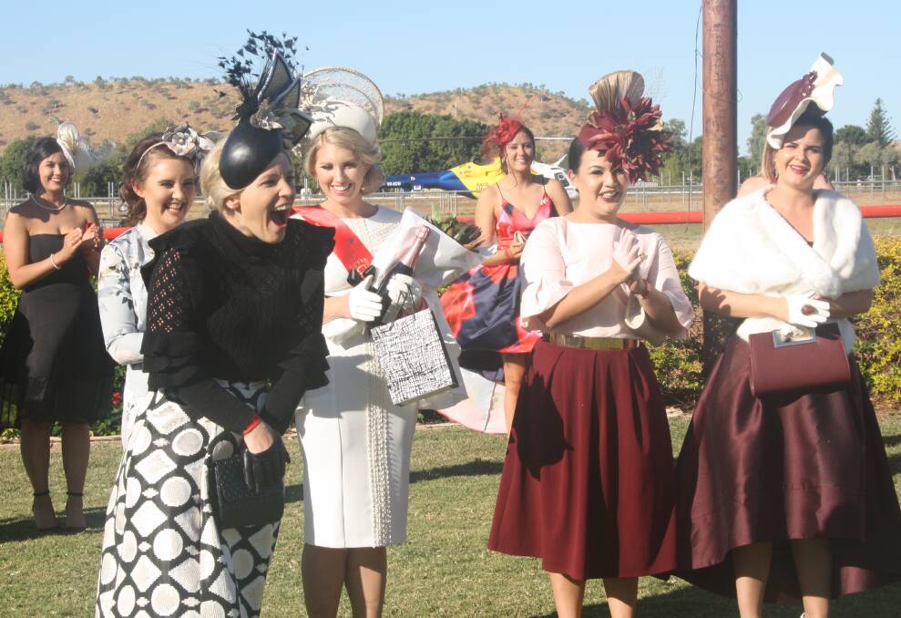 Fashions on the Field Open Ladies Winner Krystal O'Sullivan, with the other finalists at Mount Isa Cup Day. Photo: Esther MacIntyre 