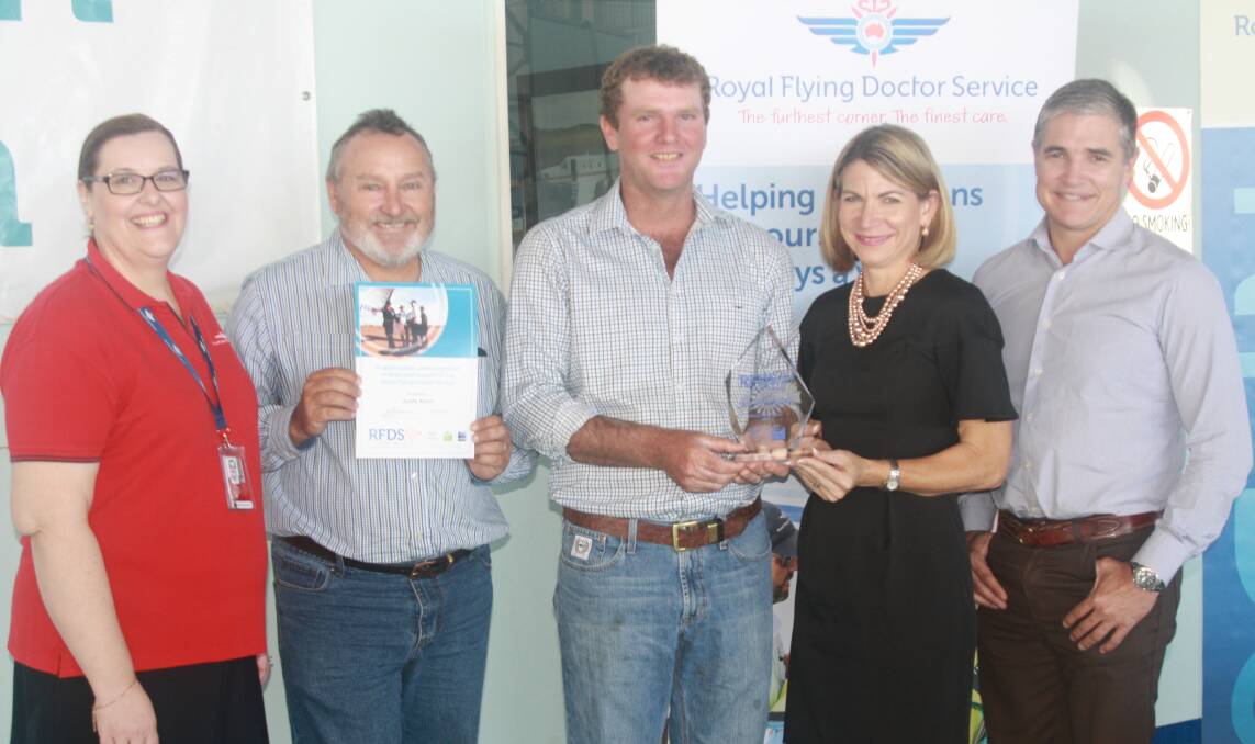 HERO FLYING: Mount Isa RFDS Area Manager Melanie Dunstan, nominee Judith March's husband Nathan March, Helicopter pilot and RFDS Mount Isa 2017 Local Hero Award winner Nathan McDonald, Mount Isa Mayor Joyce McCulloch, State MP Robbie Katter. Photo: Esther MacIntyre 