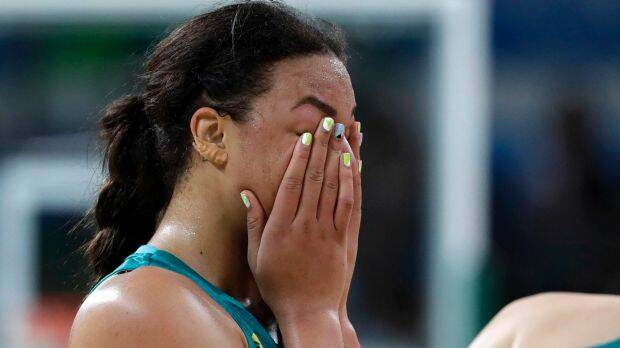 Australia's Elizabeth Cambage reacts after the team's loss to Serbia in the basketball quarterfinal. Photo: ERIC GAY