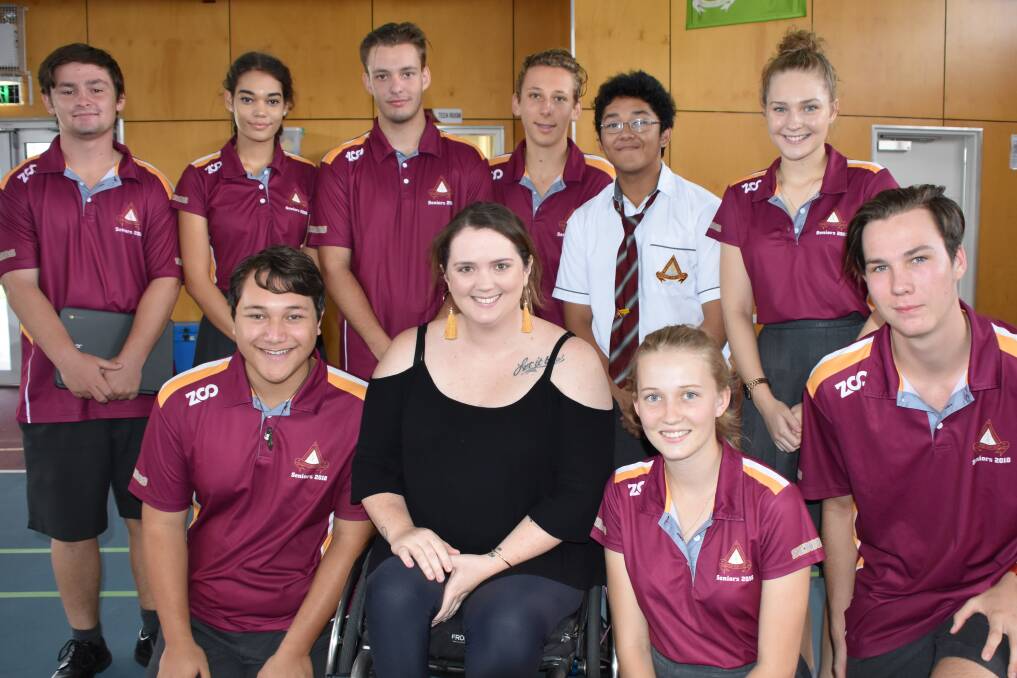 RISK TAKING: Kristee Shepherd addressed a number of schools in Mount Isa about risk taking and spinal cord injuries.Back row: William Siemer (house leader), Remmy English (house leader), Kaleb Bennett (College leader), Mateusz Skora (house leader), Bon Daniel Lasdoce (house leader), Abbey McKavanagh (house leader)
Front row: Khade Toeke-Dean (College Leader), Phoebe Ryder (College leader) and Patrick Baker (College Leader). Photos: Melissa North