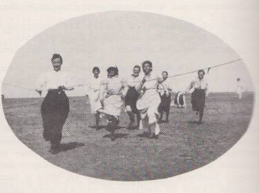 Sprint: Sports Day at Camooweal – Gran Dawson out front. Gran McMahon (centre). Olive Conroy far outside), Ivy Conroy getting up.