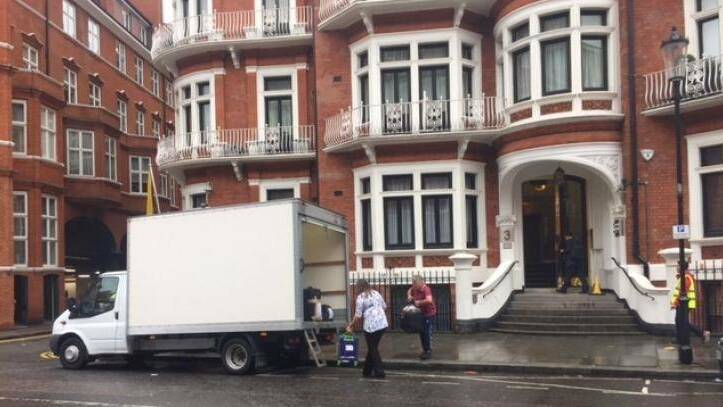 Suitcases being loaded into a truck outside the Ecuador's London embassy on Friday. Photo: Nick Miller